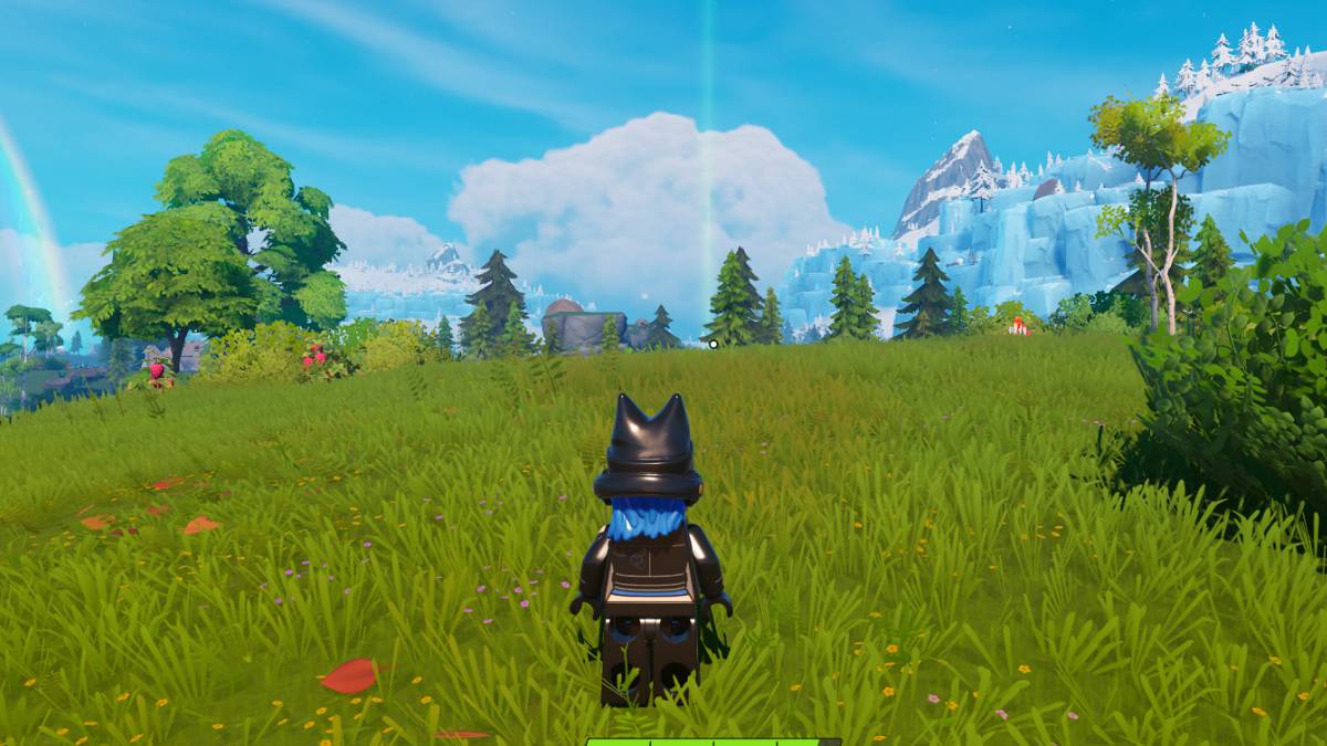 Minifigure looking at backpack beam of light in the distance in LEGO Fortnite.