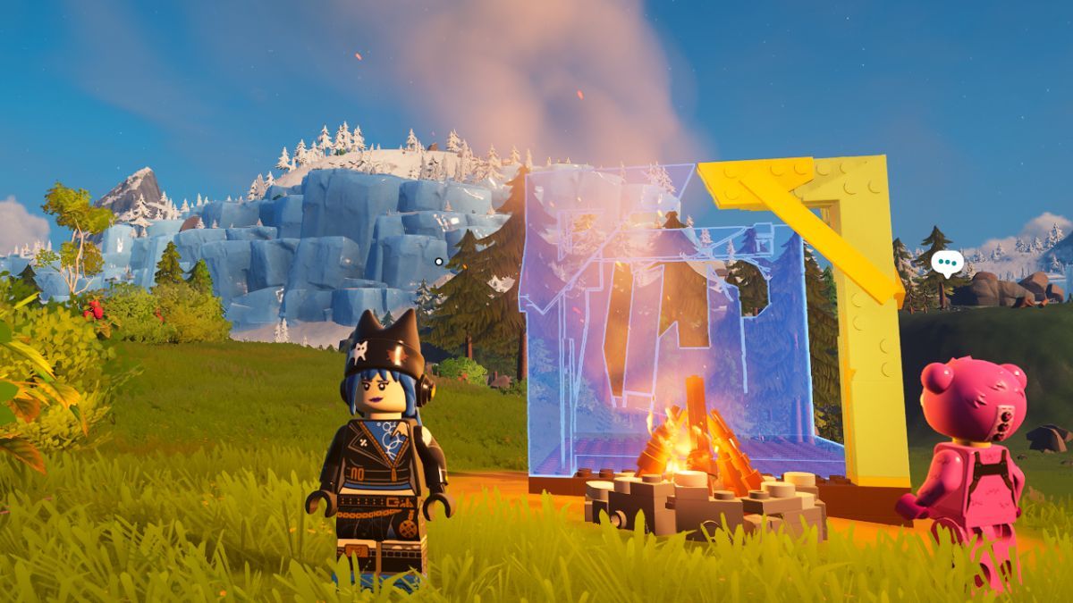 Fortnite LEGO in-game world with campfire and base.