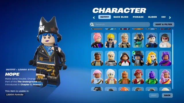 Fortnite LEGO minifigures inventory view.