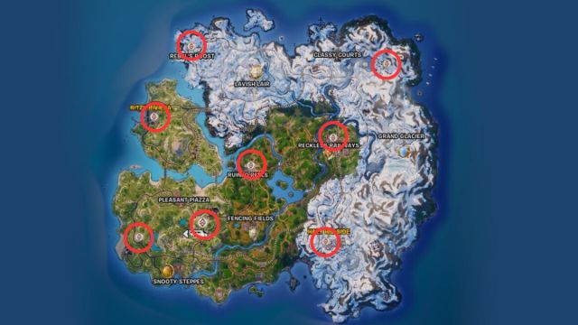 Fortnite Chapter 5 Season 1 map with weapon case locations marked.