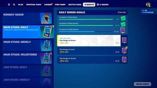 Fortnite Festival blue, white, and teal challenges menu. 