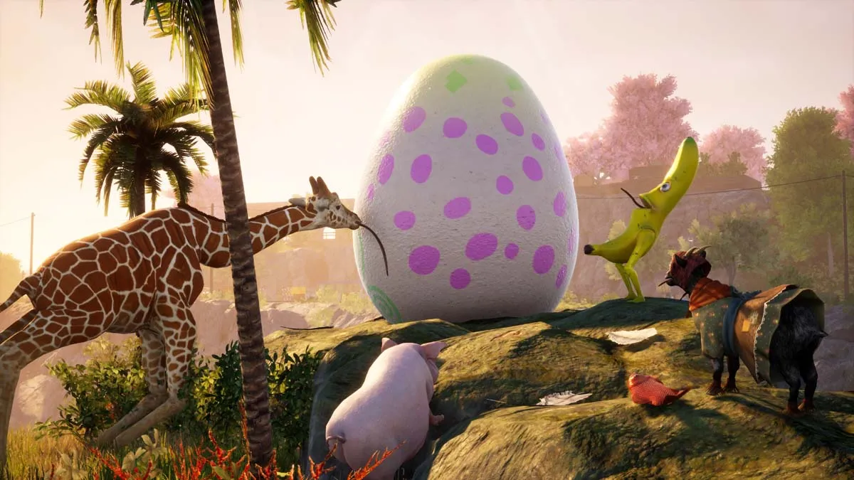 Animals gathered around a giant egg in Goat Simulator 3