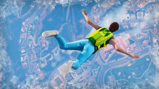 GTA Online character flies through the air with a parachute