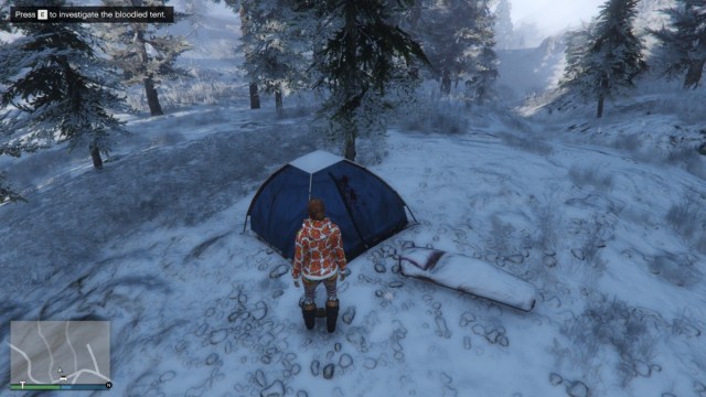 The bloodied tent during the Yeti hunt in GTA 5 Online.