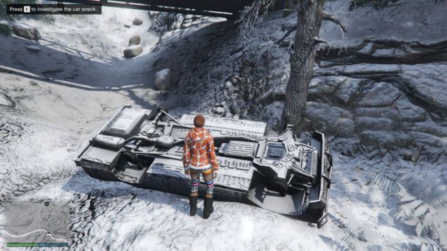 The car wreck during the Yeti hunt in GTA 5 Online.
