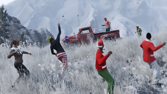 Four festive characters lob snowballs and a person in a red pickup truck. 