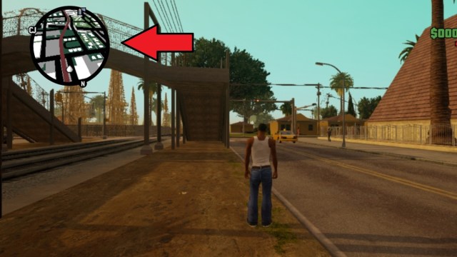 Carl standing in a street in San Andreas with map icon highlighted.
