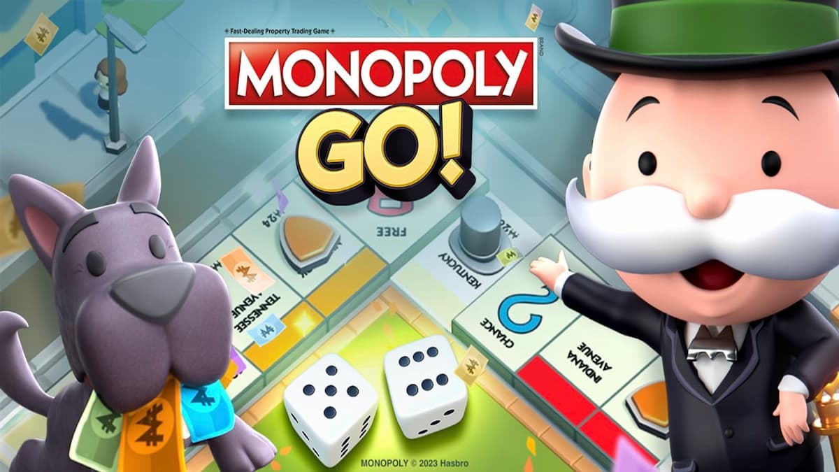 Monopoly Go artwork with man and dog on the board