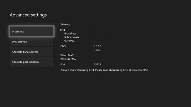 DNS server settings screen on Xbox