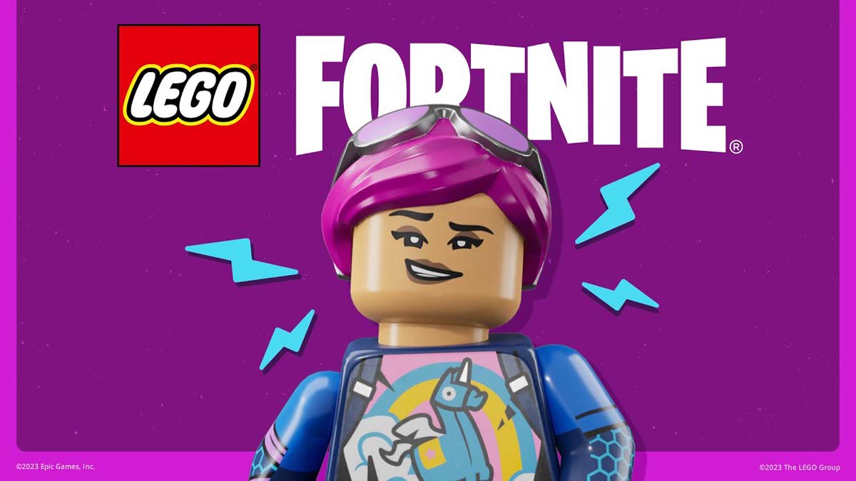 Purple hair Lego character on a purple background