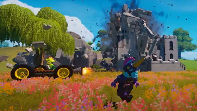 driving a car in lego fortnite while a building is destroyed in the background