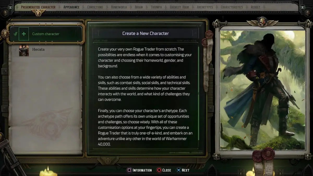 custom character creation screen in warhammer 40k rogue trader