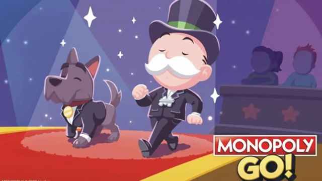 Monopoly Go artwork with man and dog walking together.