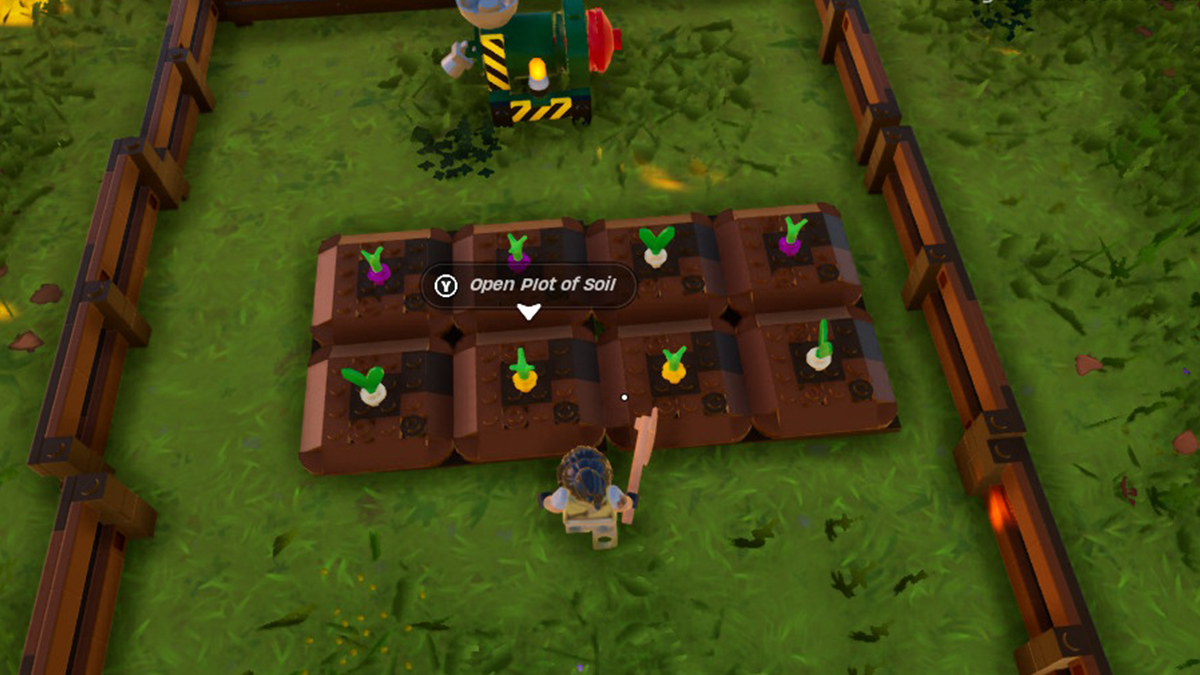 The player placing seeds in garden plots in LEGO Fortnite.