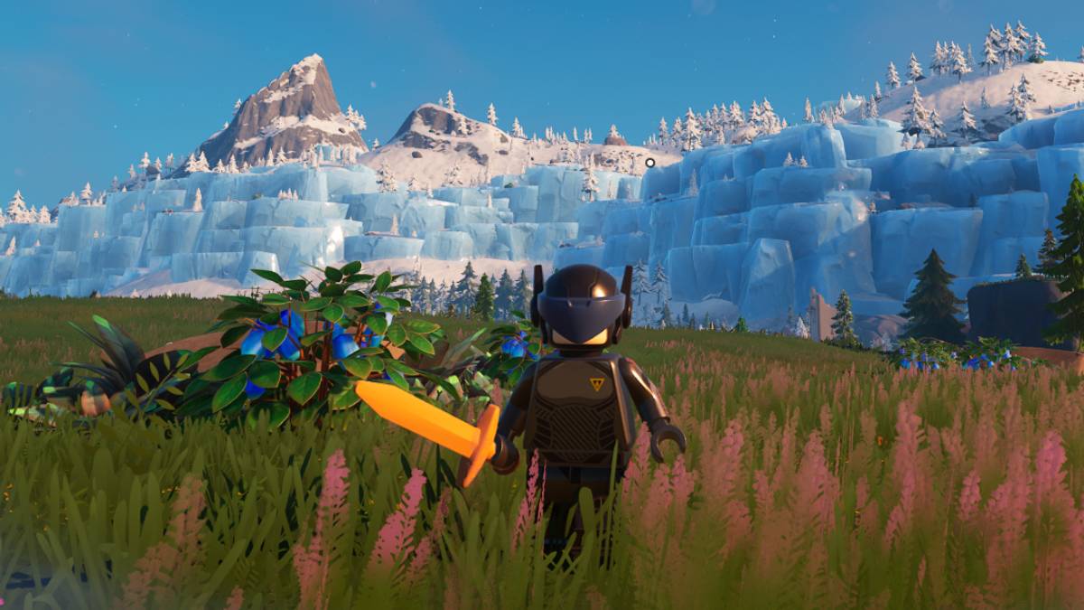 Minifigure overlooking the frostlands in Lego Fortnite.