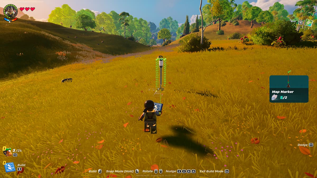 LEGO character on green grass setting a pole waypoint.
