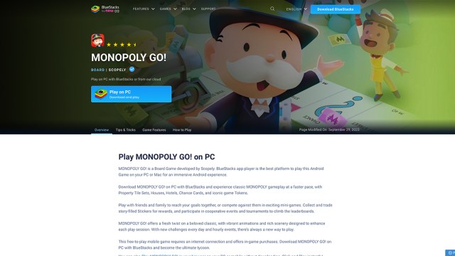 BlueStack website to download Monopoly Go on PC