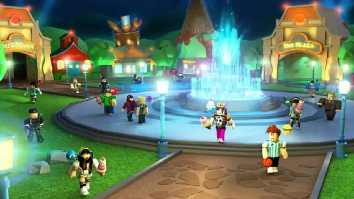 Roblox plaza with characters around a fountain.