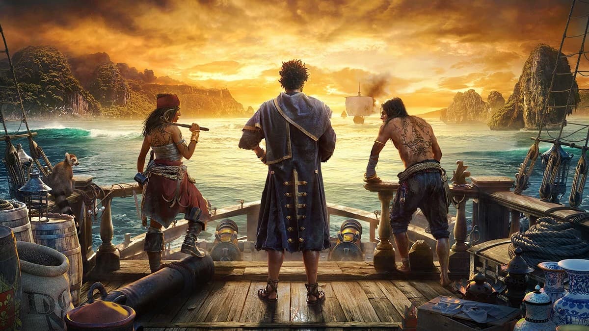 Three pirates on a ship looking at the ocean