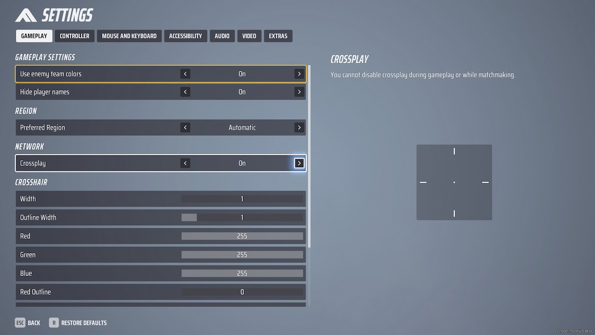 The Settings Screen in The Finals, highlighting the Crossplay toggle.