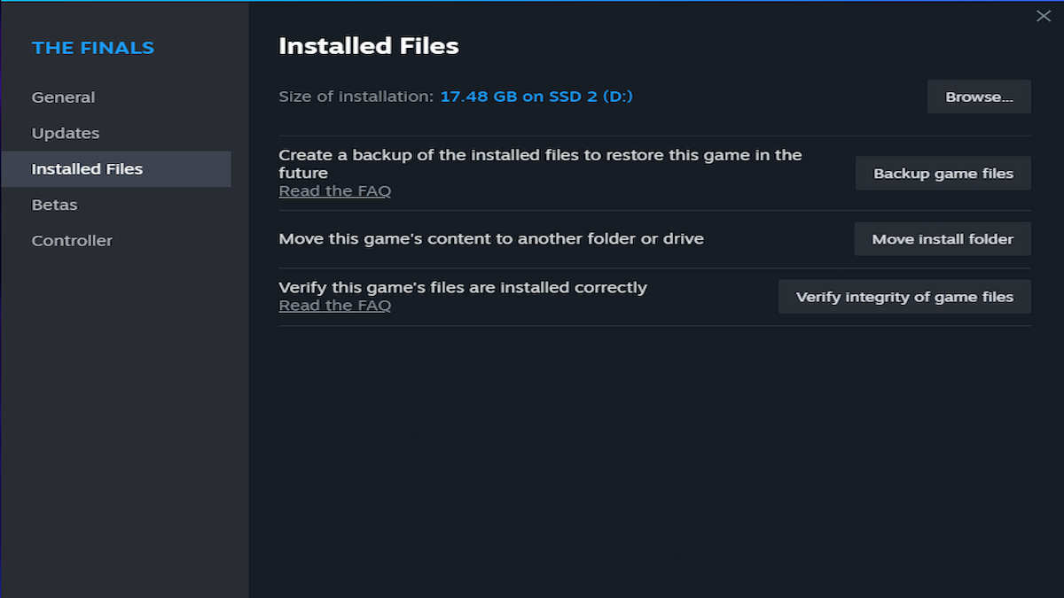 The Installed Files tab for The Finals on Steam.