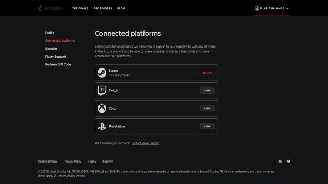 A screenshot of the Embark ID webpage and the option to unlink platforms.