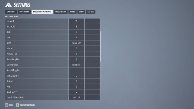 The Settings Screen in The Finals, highlighting the Mouse and Keyboard tab.