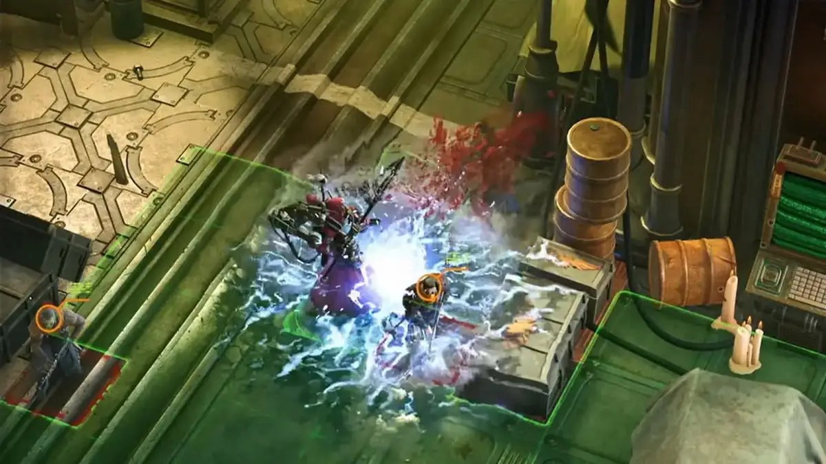 pasqal hitting an enemy with his power axe in warhammer 40k rogue trader