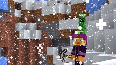 Standing in snow with a pickaxe