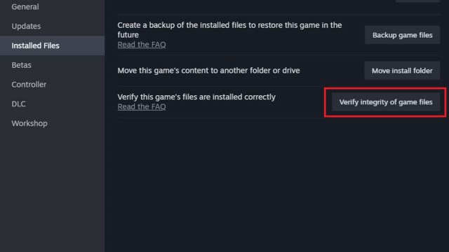 Steam menu for verifying integrity of game files