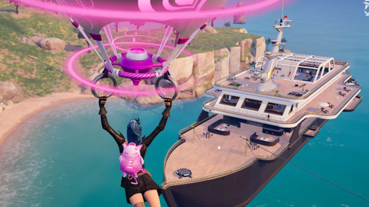 Fortnite character landing on a yacht