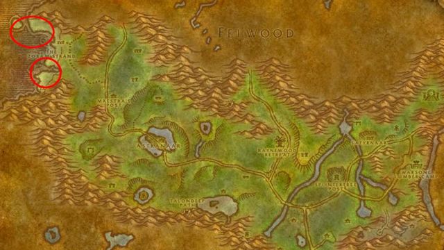 A map of Ashenvale showing where to farm Shiny Fish Scales.
