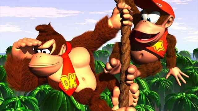 donkey konk and diddy kong hanging on a rope