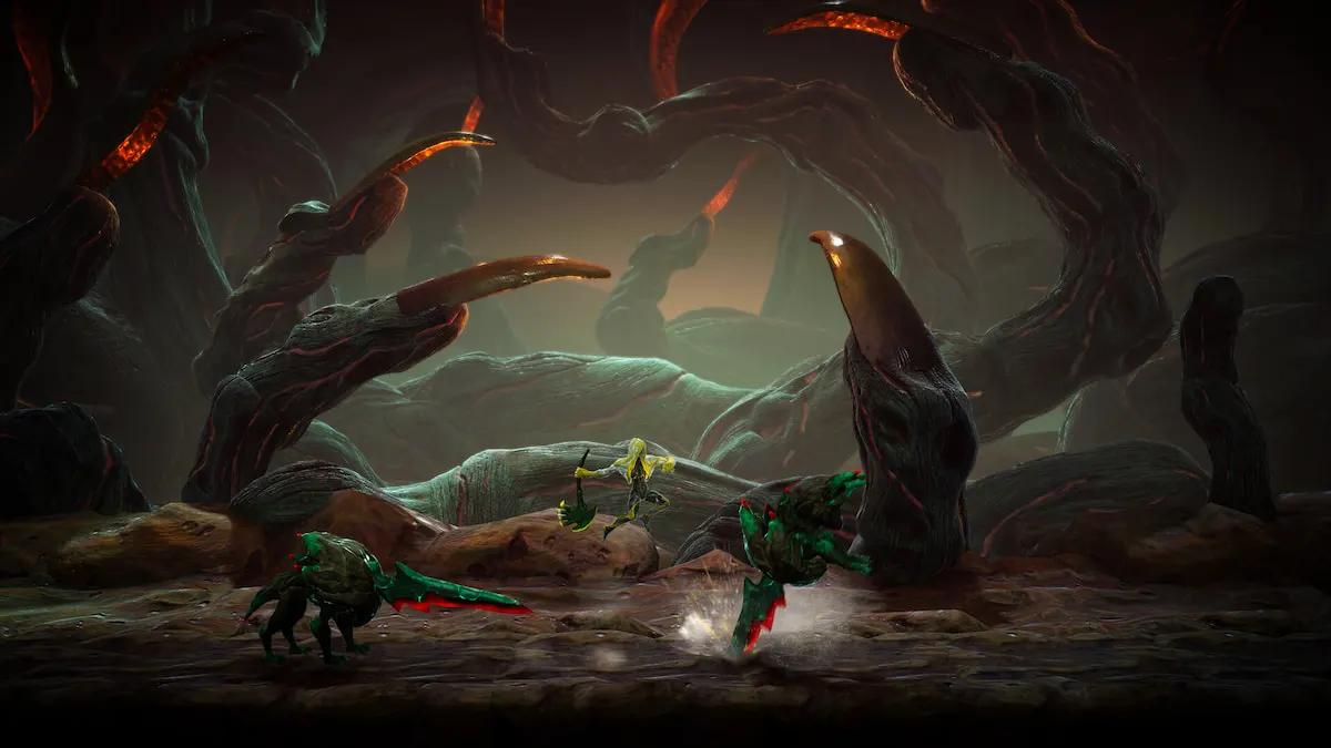 grime 2 character fighting enemies in front of a landscape that looks like furled fingers