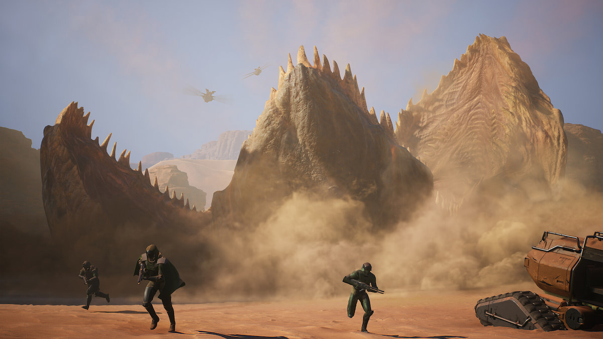 players running from an erupting sand worm in dune awakening