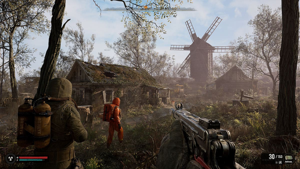 stalker player and his allies approach a windmill in stalker heart of chornobyl