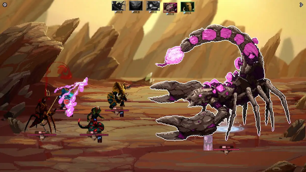 the player party fighting against a scorpion in a desert in sandwalkers