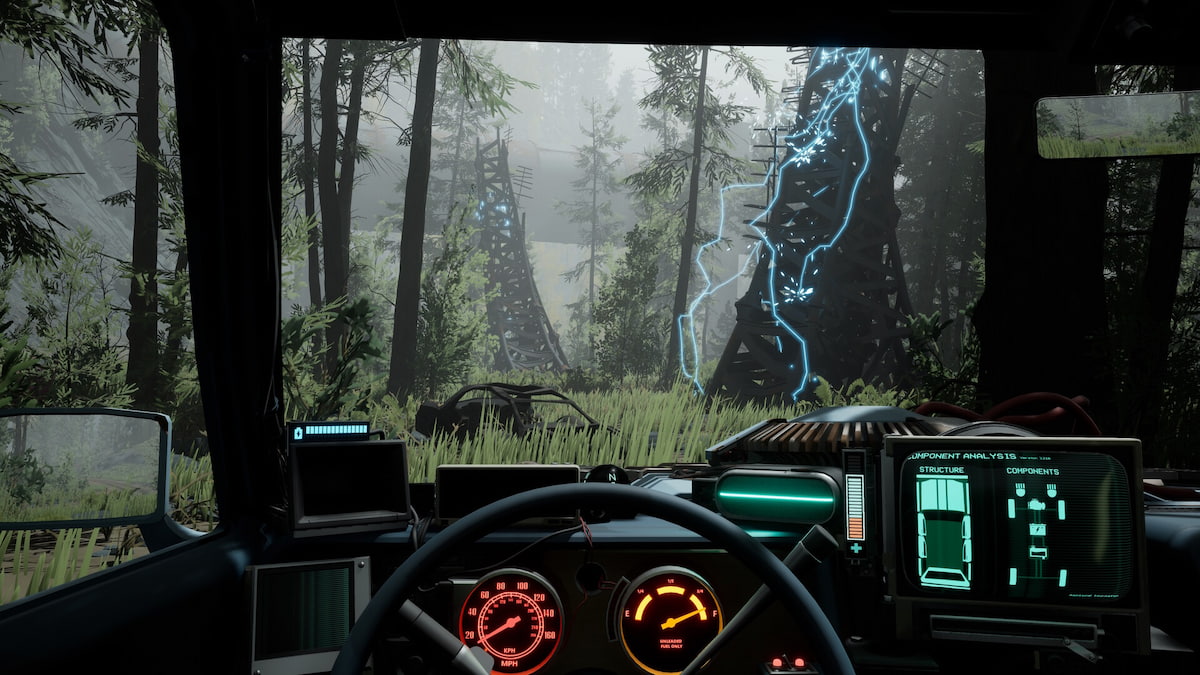 the player driving his car through a forest in first person in pacific drive