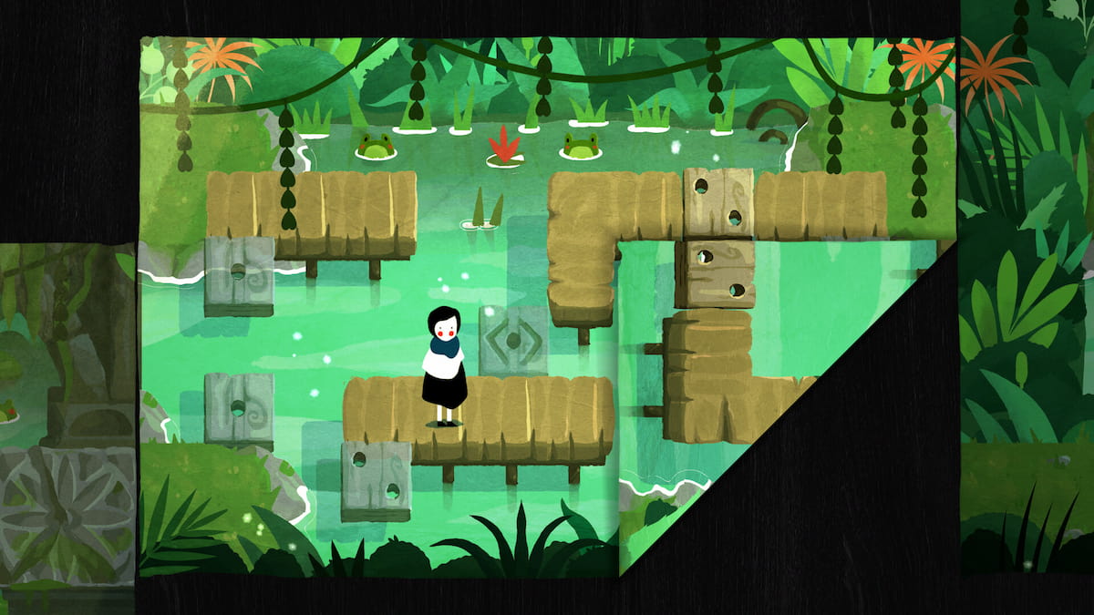 the main character of paper trail traversing wooden platforms in a pond