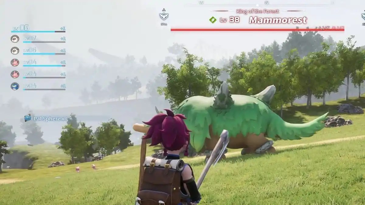 palworld character looking at a giant green creature