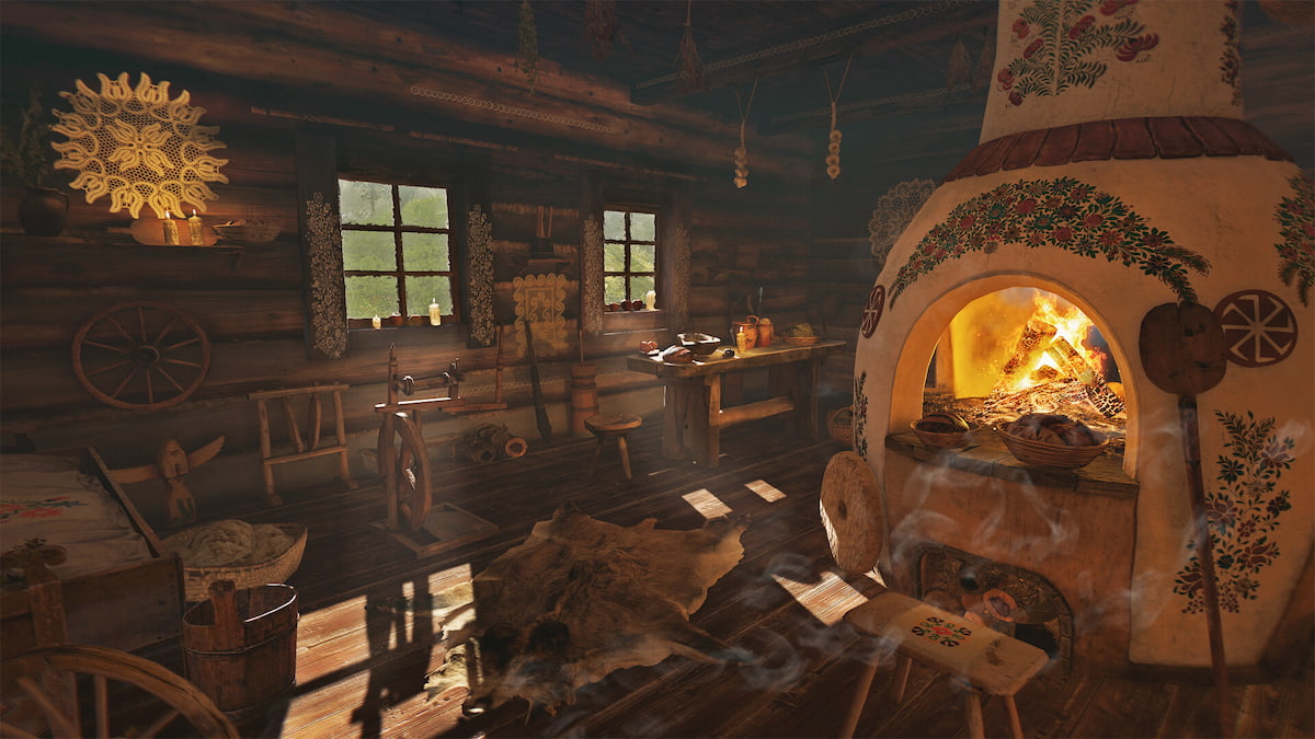 a slavic household with a cozy fire warming the house in the end of the sun