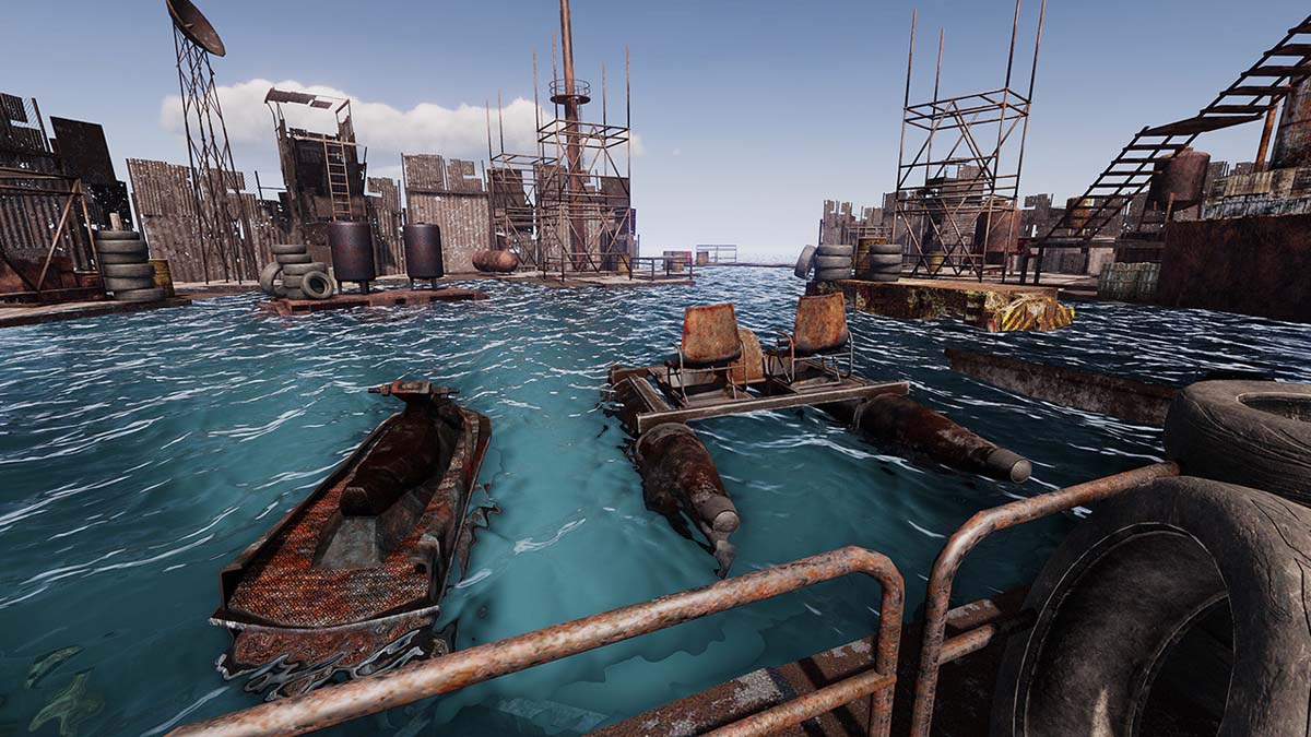 Water base with boats and structures in Sunkenland