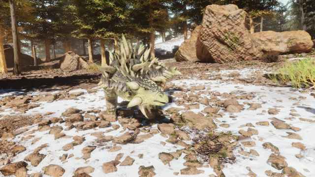 Ankylosaurus on snow dusted ground.