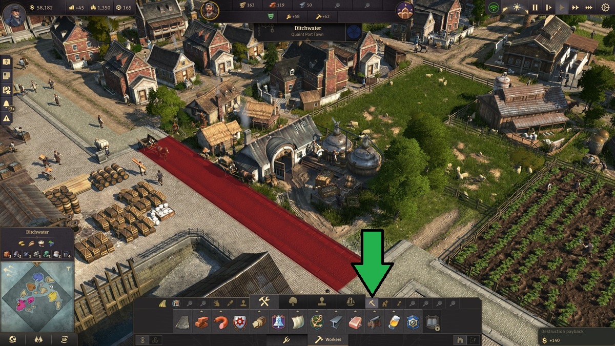 Red tiles showing the removal of dirt road tiles with the demolish tool in Anno 1800. 