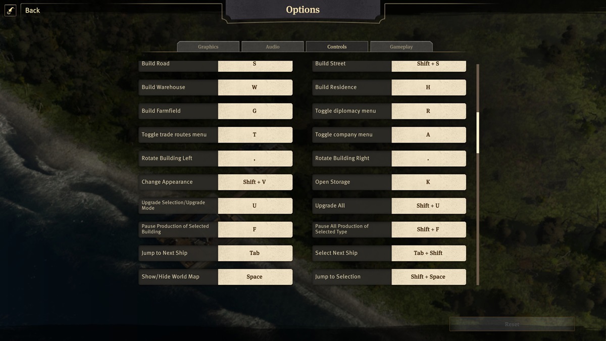 Two columns of options in the Anno 1800 controls menu showing the rotate buildings keys.
