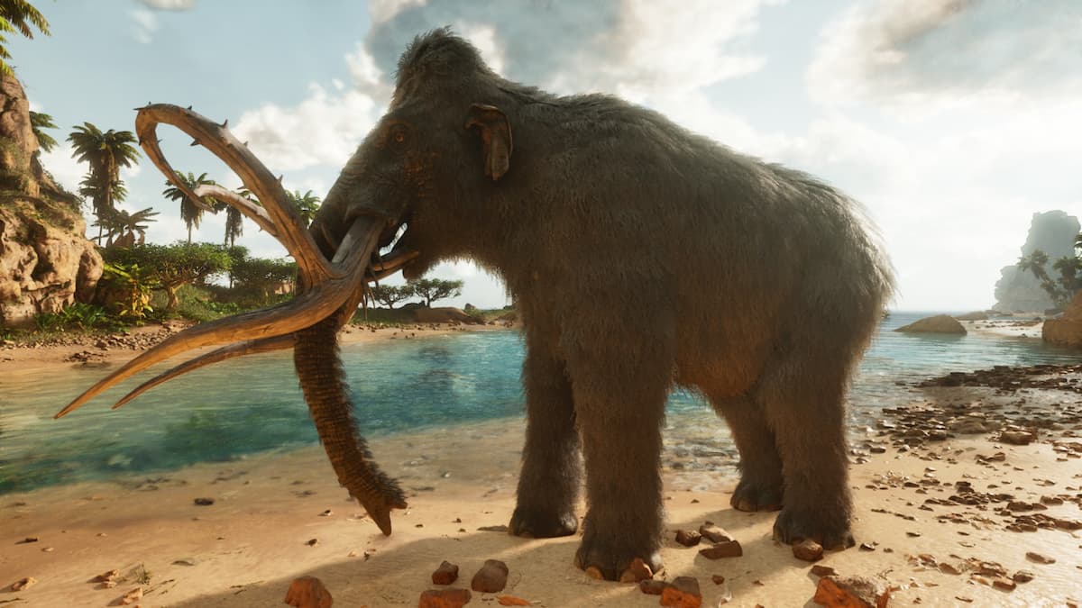 Tamed Mammoth on beach. 