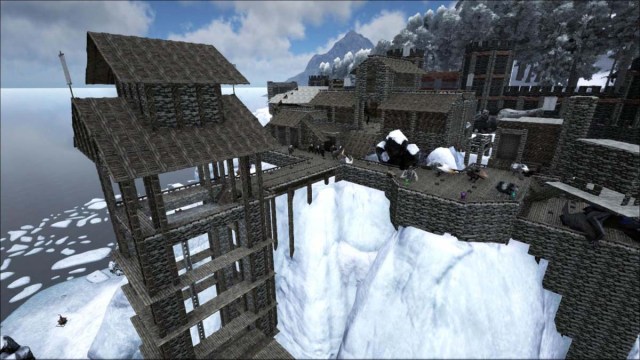 A wooden base in the snowy mountains in Ark ASA