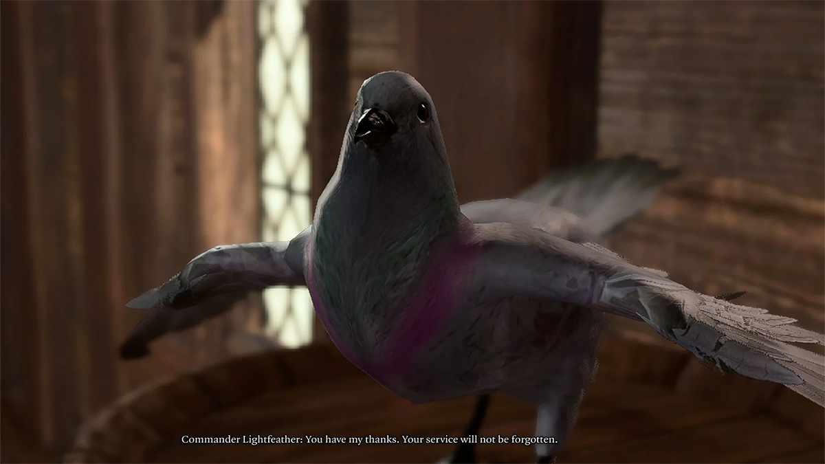 baldurs gate 3 main character speaking with scratch the commander pigeon