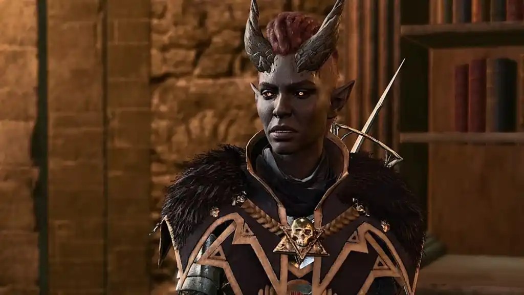 a dark blue skinned female warrior in heavy fur armor and horns