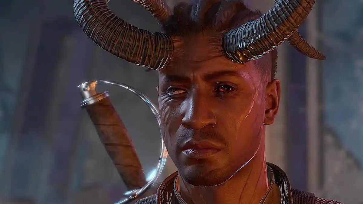 dark skinned man with one false eye, one red eye, and horns